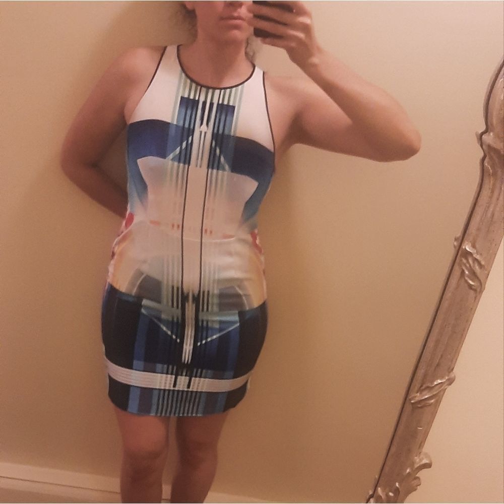 CLOVER Canyon fitted dress neoprene scuba geo abstract cult gav size L